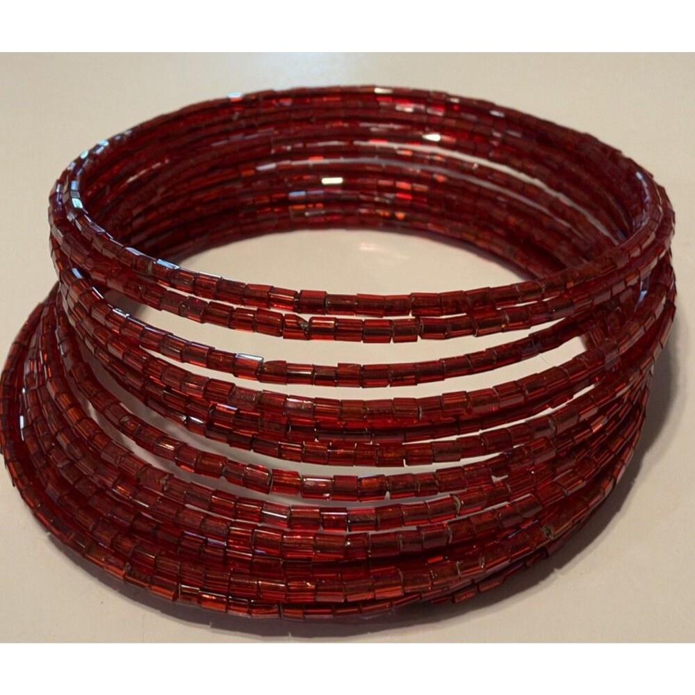 Boho Beaded Wrap Memory Wire Bracelet  Red Sparkle  Stacked Jewelry Seed Bead